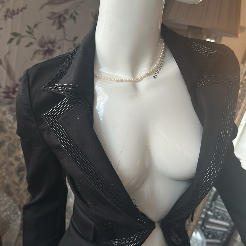 Embellished Cotton Slim fit Snag Jacket Beads trim. Hook front. French designer